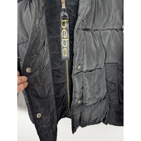 bebe Jacket Womens Medium Black Puffer Hooded Quilted Snap Zip Logo Patch Coat - Picture 9 of 11